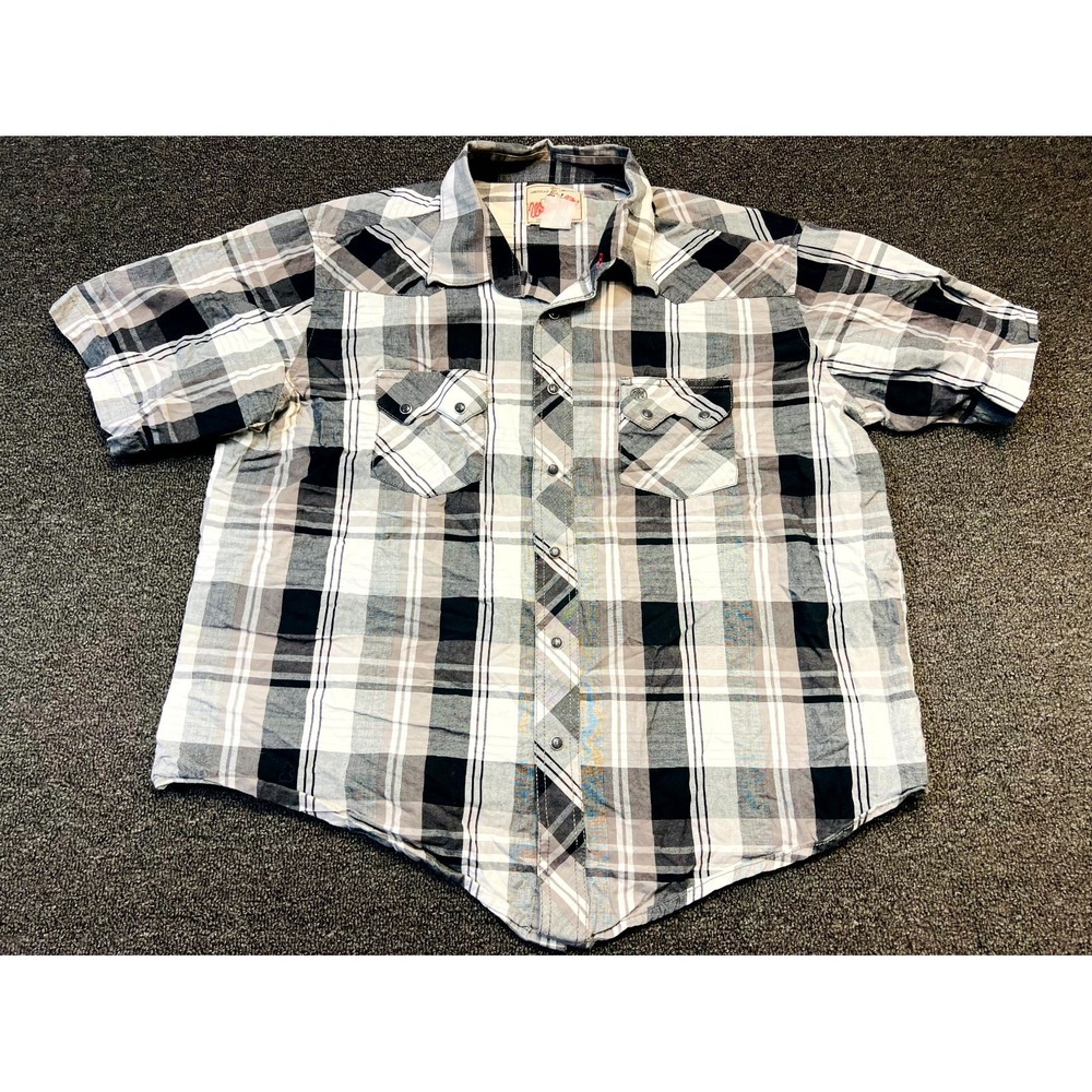 Wrangler Western Shirt Mens Black White Plaid Double Flap Pockets Collared Snap